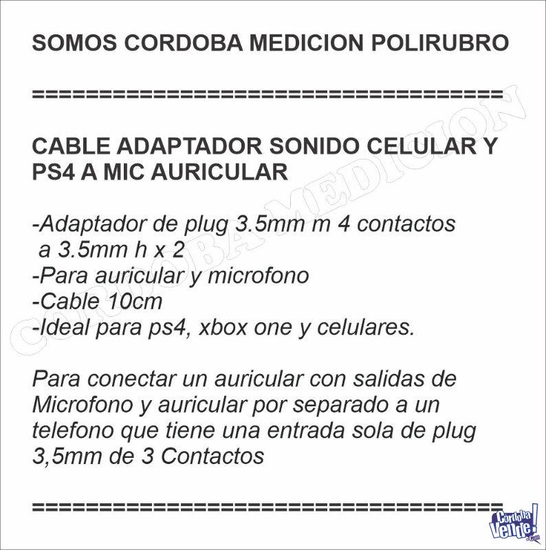 Cable Adaptador Sonido Para Celular / Ps4 A Mic / Auricular