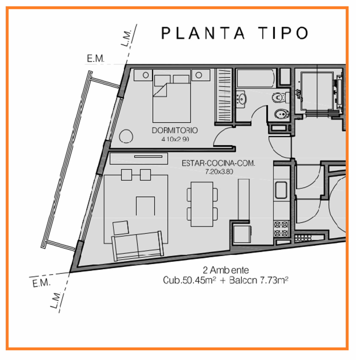 Departamento  de 2 amb - semi piso con Balcón Terraza al frente - 4° A - VENTA en PESOS