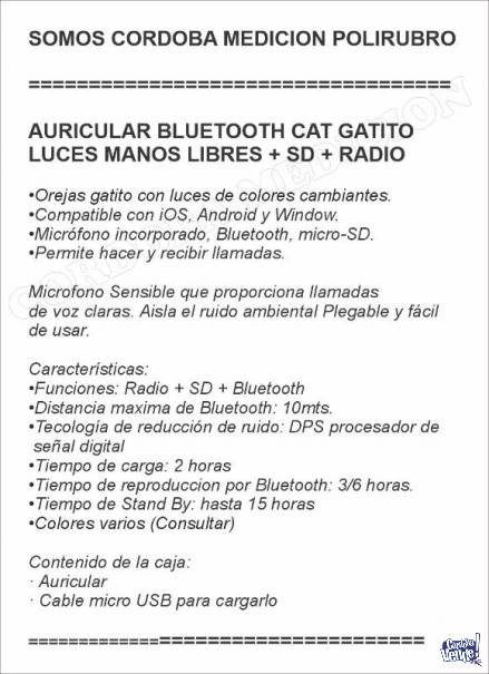 AURICULAR BLUETOOTH CAT GATITO LUCES MANOS LIBRES + SD + RAD