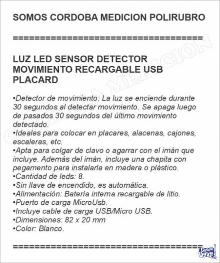 LUZ LED SENSOR DETECTOR MOVIMIENTO RECARGABLE USB PLACARD