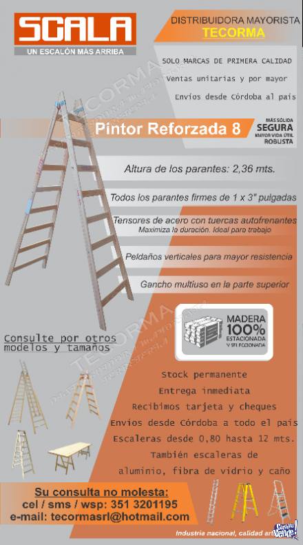 Escalera de madera tipo pintor reforzada tijera 8 peld SCALA en Argentina Vende
