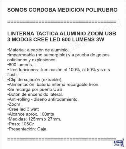 LINTERNA TACTICA ALUMINIO ZOOM USB 3 MODOS CREE LED 600 LUME
