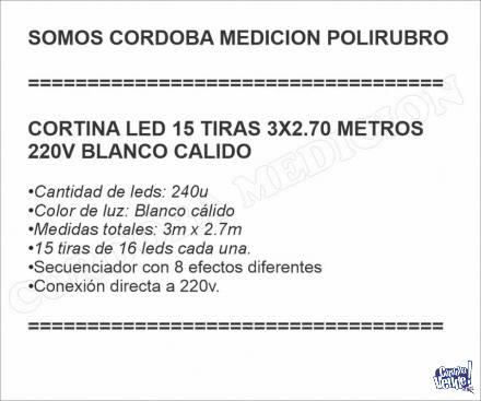 CORTINA LED 15 TIRAS 3X2.70 METROS 220V BLANCO CALIDO