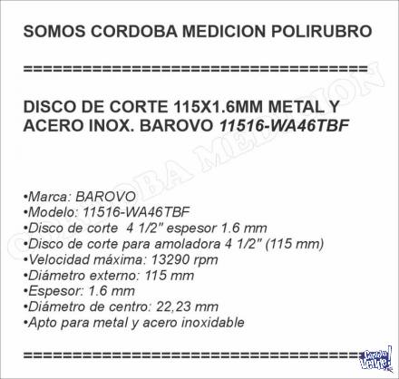 DISCO DE CORTE 115X1.6MM METAL Y ACERO BAROVO