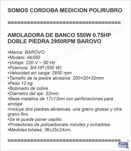 AMOLADORA DE BANCO 550W 0.75HP DOBLE PIEDRA 2950RPM BAROVO