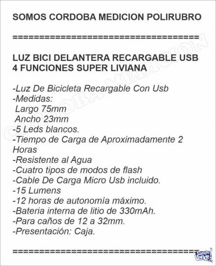 LUZ BICI DELANTERA RECARGABLE USB 4 FUNCIONES SUPER LIVIANA