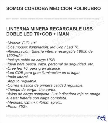 LINTERNA MINERA RECARGABLE USB DOBLE LED T6+COB + IMAN