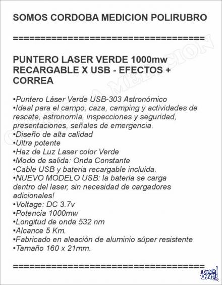 PUNTERO LASER VERDE 1000mw RECARGABLE X USB - EFECTOS + CORR