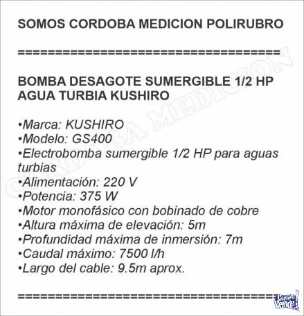 BOMBA DESAGOTE SUMERGIBLE 0.5 HP AGUA TURBIA KUSHIRO GS400