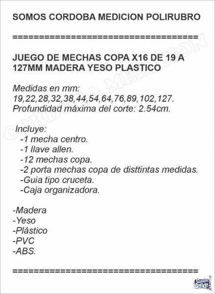 JUEGO DE MECHAS COPA X16 DE 19 A 127MM MADERA YESO PLASTICO