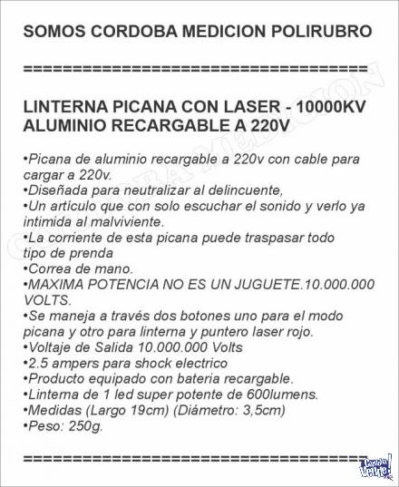 LINTERNA PICANA CON LASER - 10000KV ALUMINIO RECARGABLE A 22