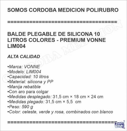 BALDE PLEGABLE DE SILICONA 10 LITROS COLORES - PREMIUM VONNE