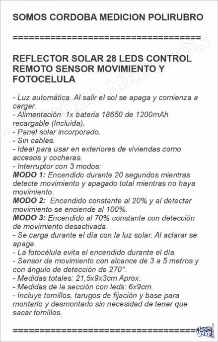 REFLECTOR SOLAR 28 LEDS CONTROL REMOTO SENSOR MOVIMIENTO Y F
