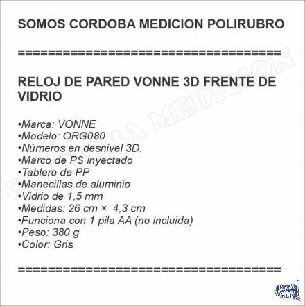 RELOJ DE PARED VONNE 3D FRENTE DE VIDRIO