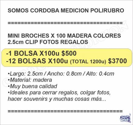 MINI BROCHES X 100 MADERA COLORES 2.5cm CLIP FOTOS REGALOS