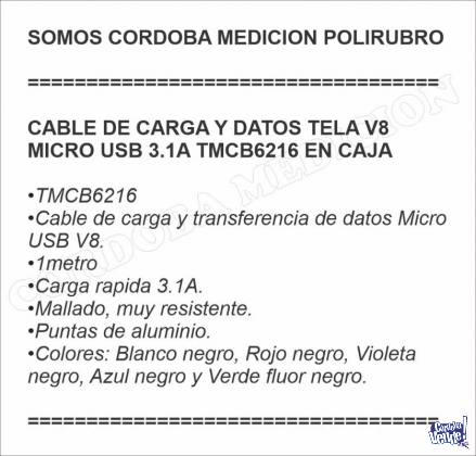 CABLE DE CARGA Y DATOS TELA V8 MICRO USB 3.1A TMCB6216 EN CA