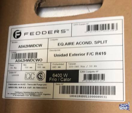 SPLIT FEDDERS 6400 W FRIO / CALOR - Modelo AS62HWDCWI