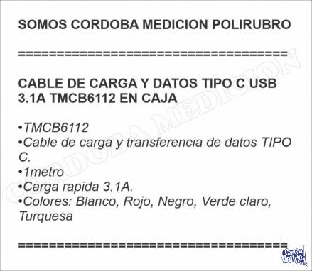 CABLE DE CARGA Y DATOS TIPO C USB 3.1A TMCB6112 EN CAJA