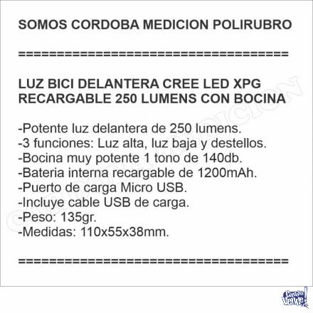 LUZ BICI DELANTERA CREE LED XPG RECARGABLE 250 LUMENS CON BO
