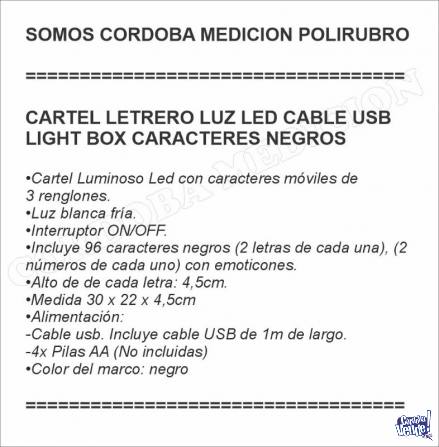 CARTEL LETRERO LUZ LED CABLE USB LIGHT BOX CARACTERES NEGROS