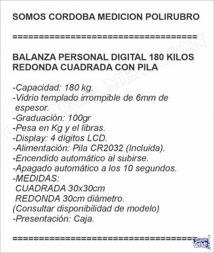 BALANZA PERSONAL DIGITAL 180 KILOS REDONDA CUADRADA CON PILA