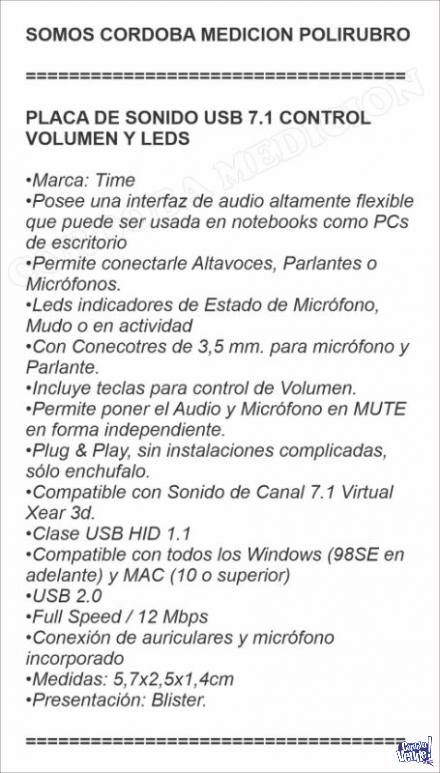 PLACA DE SONIDO USB 7.1 CONTROL VOLUMEN Y LEDS