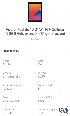 iPad 8va Generación WIFI + 4G  de 128 GB 10.2'