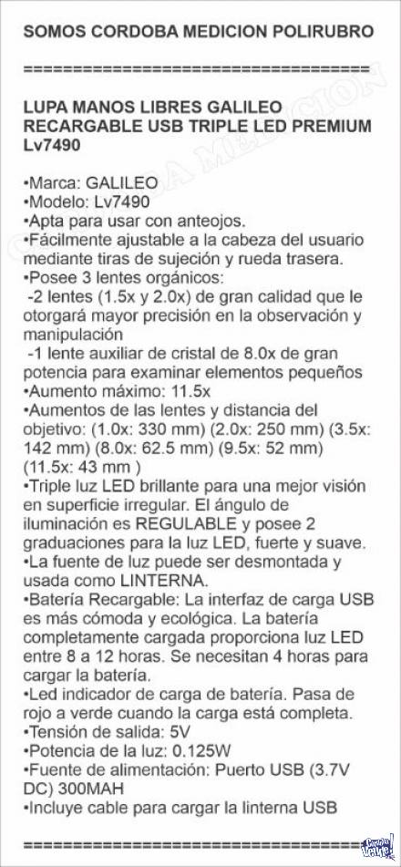LUPA MANOS LIBRES GALILEO RECARGABLE USB TRIPLE LED PREMIUM 