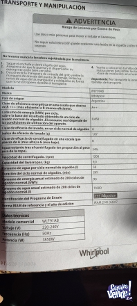 lavarropas Whirlpool inverter9kg carga frontal 