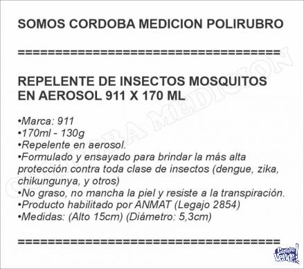 REPELENTE DE INSECTOS MOSQUITOS EN AEROSOL 911 X 170 ML