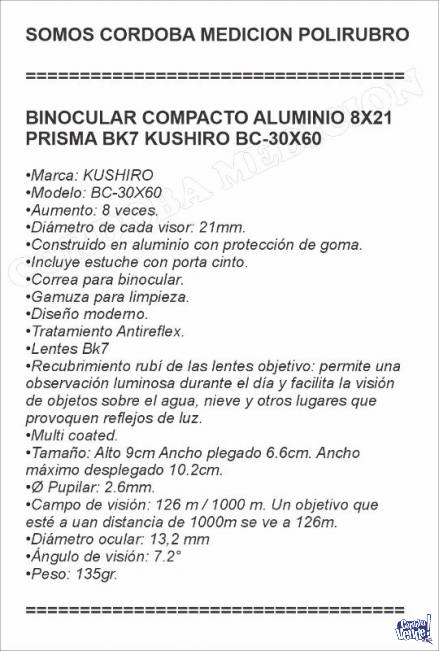 BINOCULAR COMPACTO ALUMINIO 8X21 PRISMA BK7 KUSHIRO BC-30X60