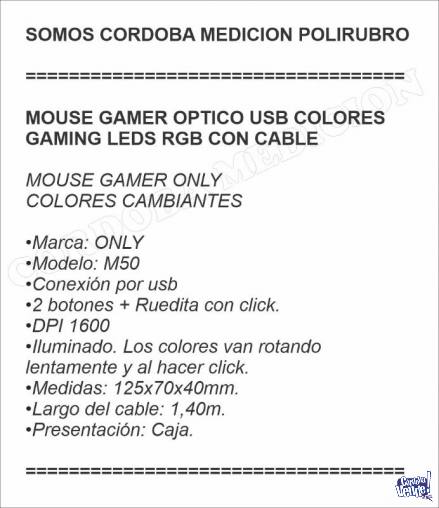MOUSE GAMER OPTICO USB COLORES GAMING LEDS RGB CON CABLE