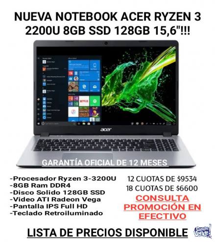 NUEVA Notebook Acer Ryzen 3-3200U 8GB SSD 128GB 15,6″ W10!