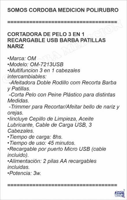CORTADORA DE PELO 3 EN 1 RECARGABLE USB BARBA PATILLAS NARIZ