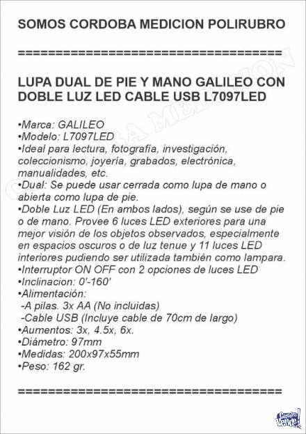 LUPA DUAL DE PIE Y MANO GALILEO CON DOBLE LUZ LED CABLE USB 