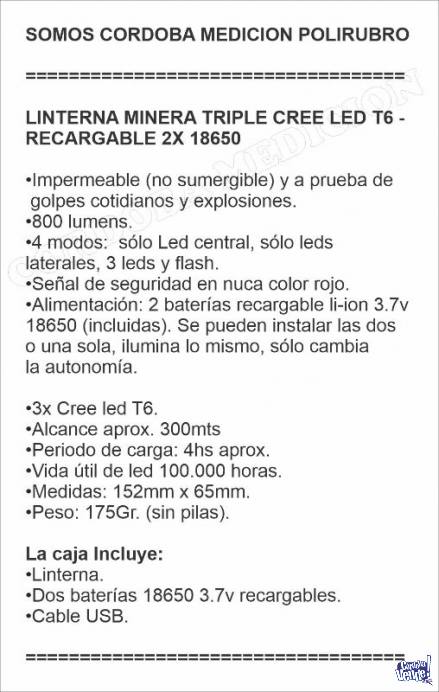 LINTERNA MINERA TRIPLE CREE LED T6 - RECARGABLE 2X 18650