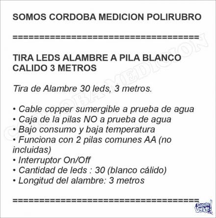 TIRA LEDS ALAMBRE A PILA BLANCO CALIDO 3 METROS