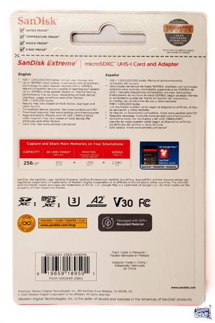 Memoria Sandisk Extreme micro SDXC 256gb 190mb/s
