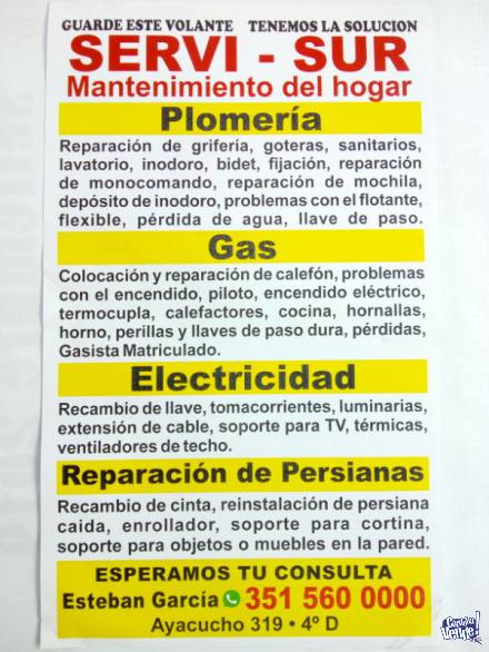 Plomeria, gas, electricidad y rep de percianas.351-5600000