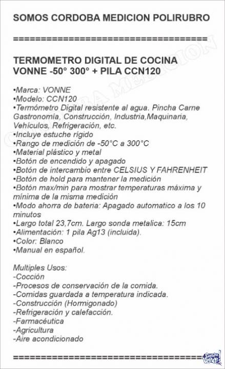 TERMOMETRO DIGITAL DE COCINA VONNE -50° 300° + PILA CCN120