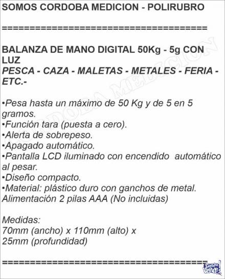 BALANZA DE MANO DIGITAL 50Kg x 5g CON LUZ