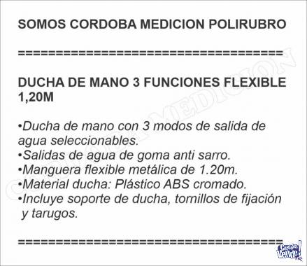 DUCHA DE MANO 3 FUNCIONES FLEXIBLE METALICO 1,20M