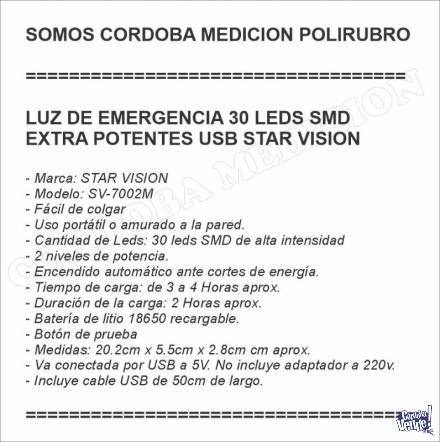 LUZ DE EMERGENCIA 30 LEDS SMD EXTRA POTENTES USB STAR VISION