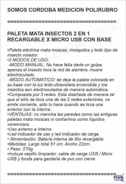 PALETA MATA INSECTOS 2 EN 1 RECARGABLE X MICRO USB CON BASE