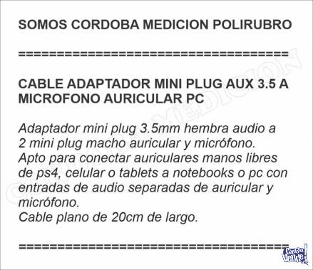 CABLE ADAPTADOR MINI PLUG AUX 3.5 A MICROFONO AURICULAR PC