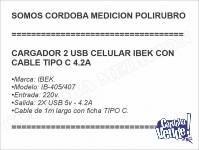 CARGADOR 2 USB CELULAR IBEK CON CABLE TIPO C 4.2A