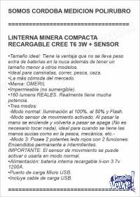 LINTERNA MINERA COMPACTA RECARGABLE CREE T6 3W + SENSOR