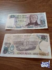 Billetes antiguos de 5 pesos argentinos