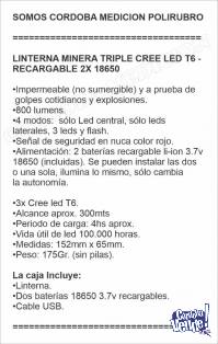 LINTERNA MINERA TRIPLE CREE LED T6 - RECARGABLE 2X 18650