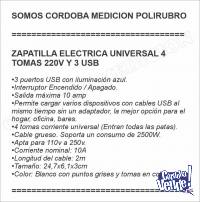 ZAPATILLA ELECTRICA UNIVERSAL 4 TOMAS 220V Y 3 USB